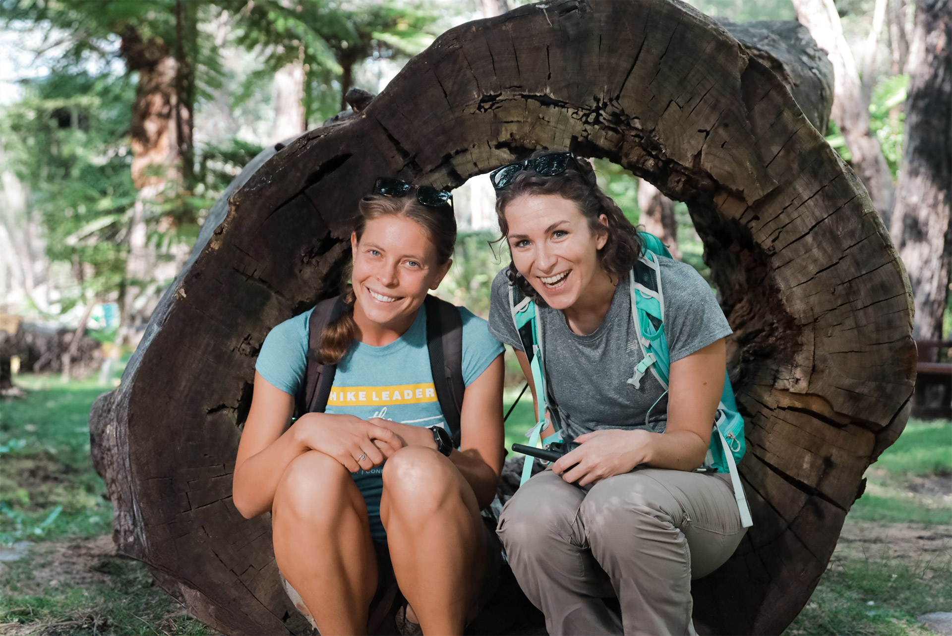 Hike leader and guest on Perth forest trail enjoying outdoor adventure and connection