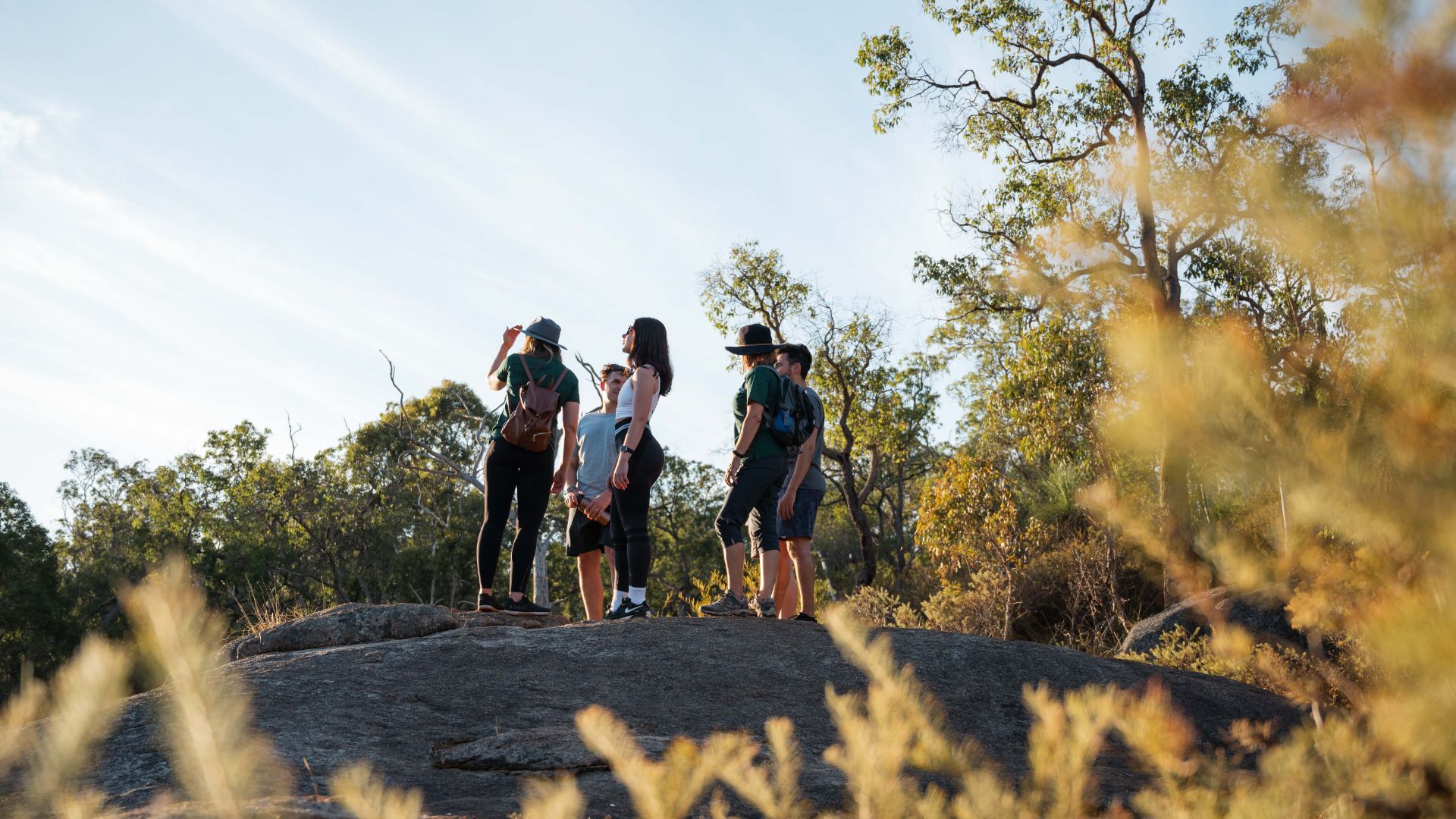 Group hiking experience on a rocky trail surrounded by bushland in Perth Hills
