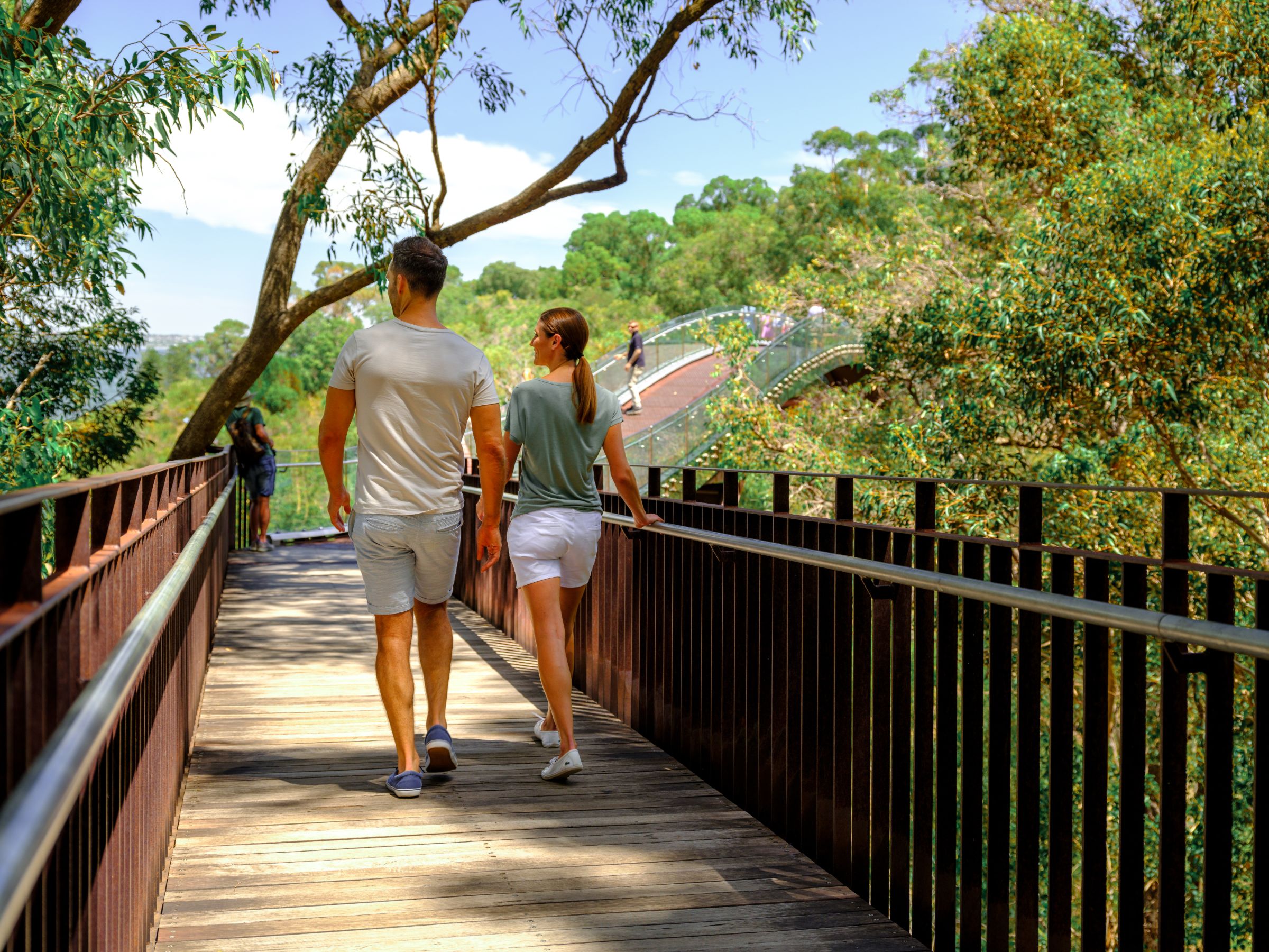 Couple enjoying a walk along the elevated Lotterywest Federation Walkway in Kings Park, Perth